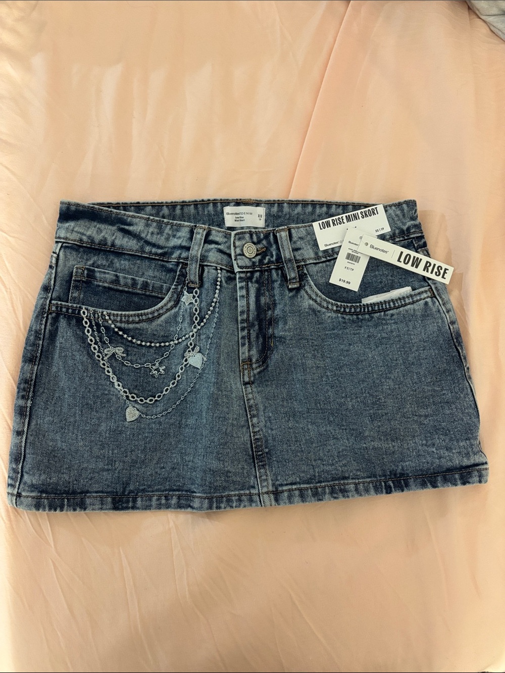 (4/30$) Bluenotes Faded Blue Denim Mini Skirt with Heart Chain Detail